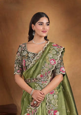 India Silk Olive Green Sarees Featuring A Blend Of Multiple Fabrics Offer A Perfect Balance Of Elegance